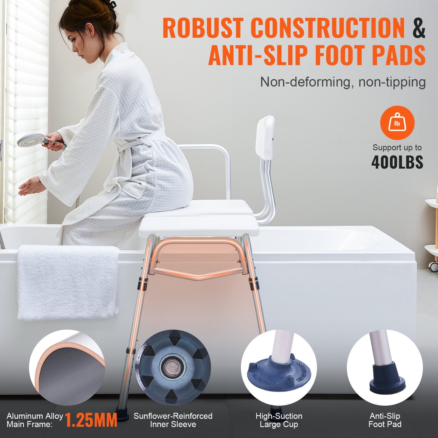 Tub Transfer Bench, Adjustable Bathtub Transfer Bench with U-Shaped Curtain Guard Protection & Reversible Backrest, Non-Slip Shower Seat Bath Bench for Elderly Disabled Injured, 400LBS Capacity