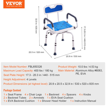 Swivel Shower Chair 360 Degree, Adjustable Shower Seat with Pivoting Arms for Inside Showers or Tubs, Non-Slip Rotating Bathtub Shower Chair for Elderly Disabled Injured, 400LBS Capacity