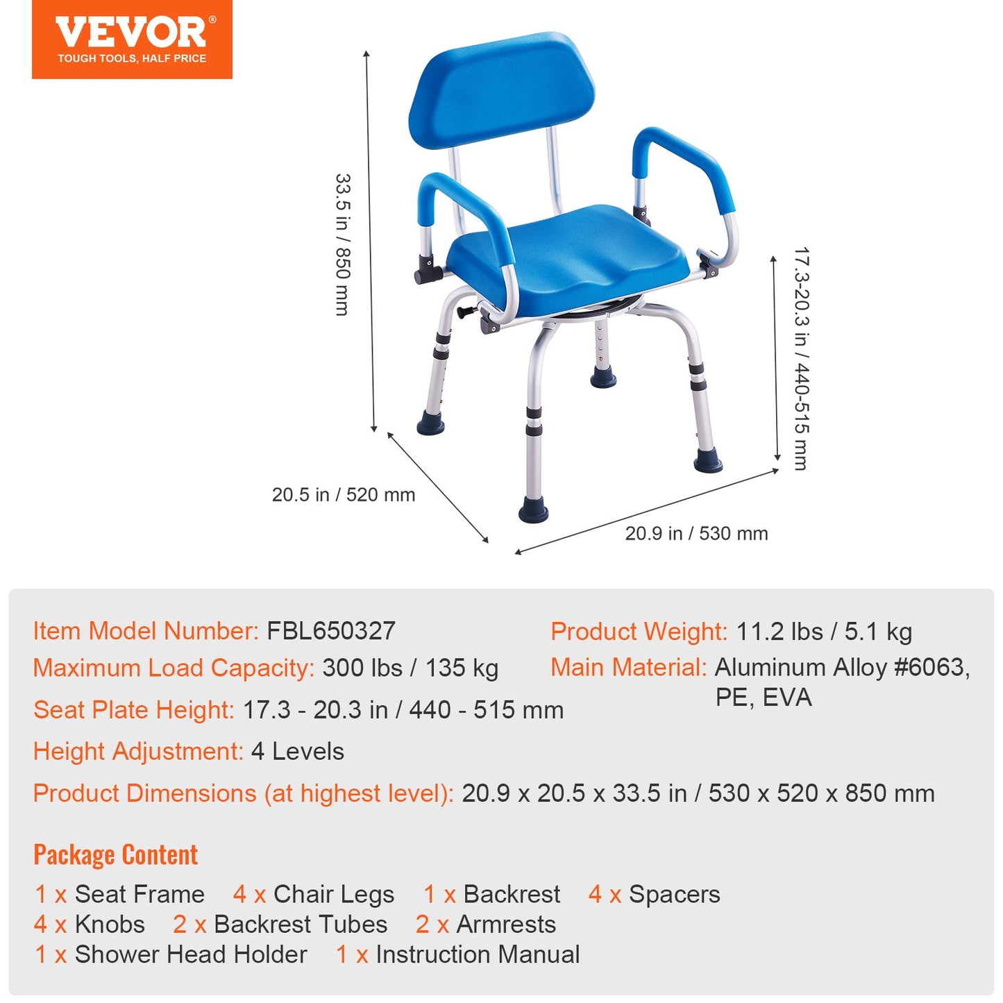 Swivel Shower Chair 360 Degree, Adjustable Shower Seat with Pivoting Arms & Padded Bath Seat for Inside Shower or Tub, Non-Slip Rotating Bathtub Chair for Elderly Disabled, 300LBS Capacity