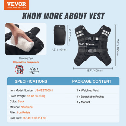 Weighted Vest, 12 lbs Weight Vest with Reflective Stripe, Adjustable Buckle Body Weight Vest for Men Women, Workout Equipment for Strength Training, Running, Jogging, Fitness, and Weight Loss