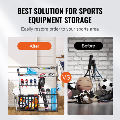 Golf Storage Garage Organizer, 2 Golf Bag Storage Stand Holder and Other Sports Equipment Storage Rack, Outdoor Steel Ball Cart, Sports Gear and Toys Storage Shelves with Baskets & Hooks, Black