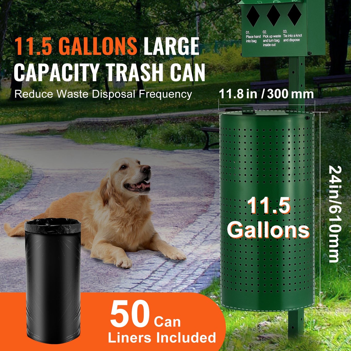 Dog Waste Station with Hand Wash Bottle, Commercial Dog Poop Station, 11.5 Gallons Pet Waste Bin with 50 Can Liners, Bag Dispenser & 600 Waste Bags, Outdoor Dog Waste Disposal System for Backyard