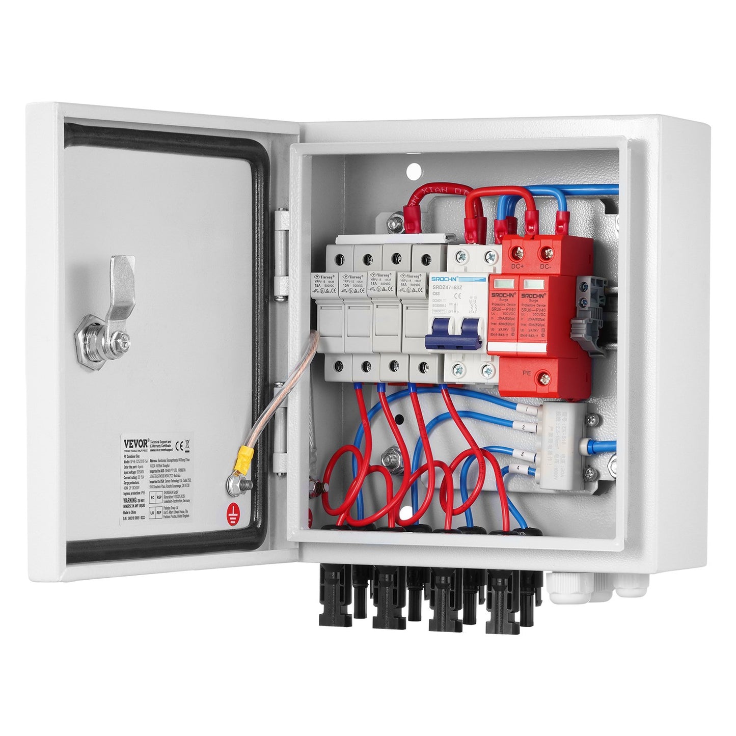 PV-kombinationsbox, 4-strängad, solkombinationsbox med 15A märkströmssäkring, 63A brytare, åskskydd och solkontakt, stålhölje för solpanelsystem på/av elnät, IP65