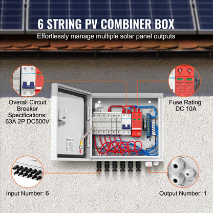 PV Combiner Box, 6 String, Solar Combiner Box with 10A Rated Current Fuse 63A Circuit Breaker Lightning Arrester and Solar Connector, Steel Case for On / Off Grid Solar Panel System, IP65