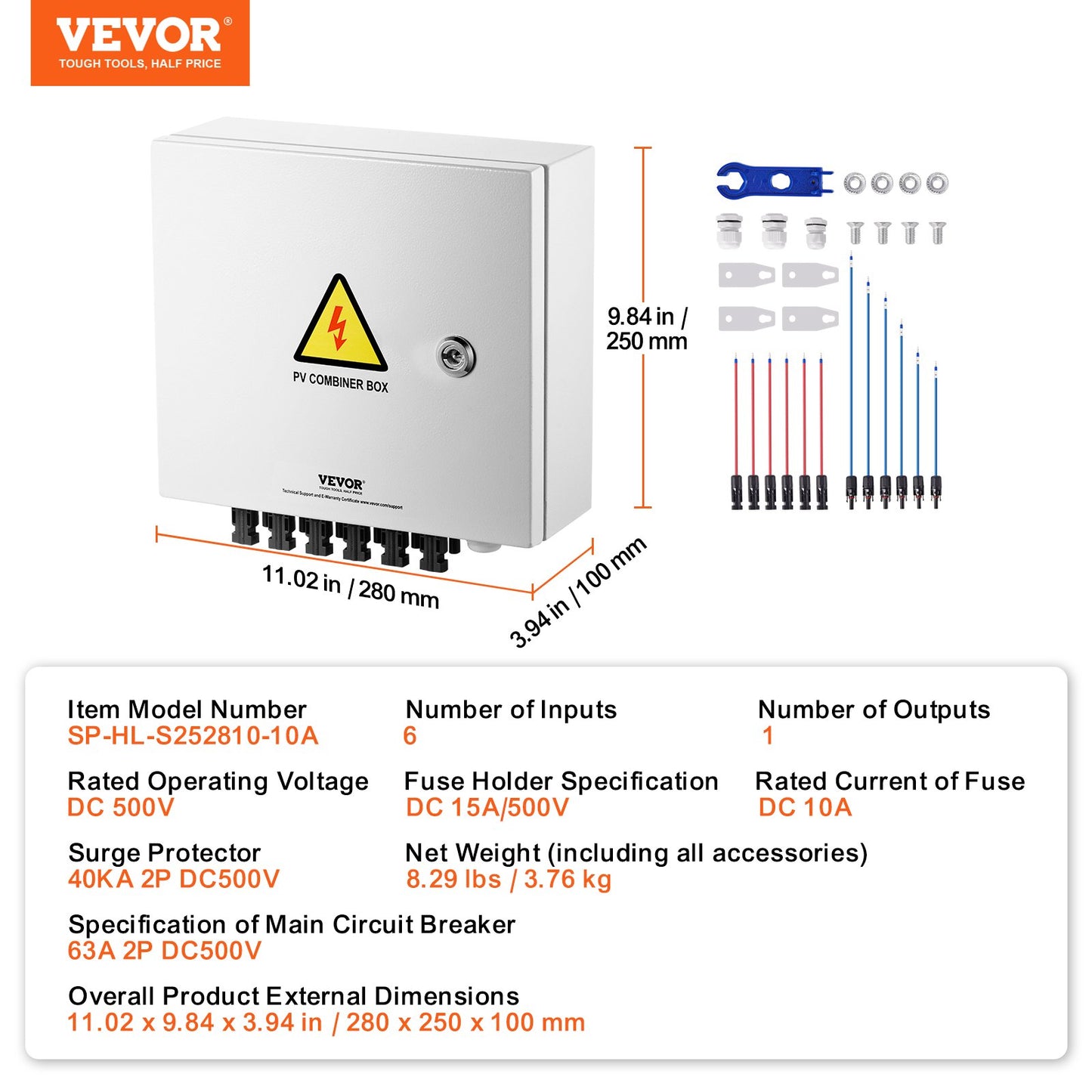 PV Combiner Box, 6 String, Solar Combiner Box with 10A Rated Current Fuse 63A Circuit Breaker Lightning Arrester and Solar Connector, Steel Case for On / Off Grid Solar Panel System, IP65