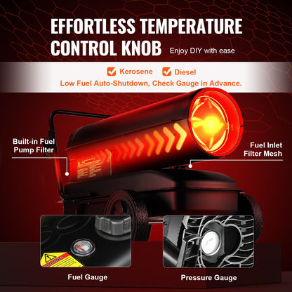 Kerosene/Diesel Forced Air Heater, 100000Btu Torpedo Space Heater, Portable with Thermostat Control,38L Tank Efficient Indoor/Outdoor Kerosene Heater For Home,Jobsite, industrial,Workshops,Black