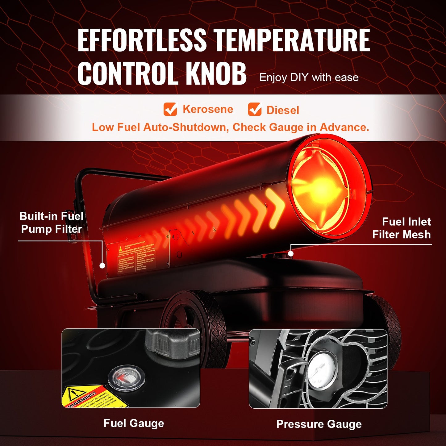 Fotogen-/dieselvärmare, 100 000 Btu torpedvärmare, bärbar med termostatkontroll, 38 liters tank effektiv fotogenvärmare för inomhus/utomhusbruk för hem, arbetsplats, industri, verkstäder, svart
