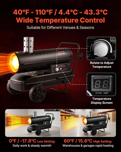 20 kW varmluftsdriven fotogendieselvärmare, bärbar torpedvärmare med hjul och justerbar temperatur, fläkttyp för arbetsplats/garage/lager/verkstad/bygg/utomhusvärme, svart