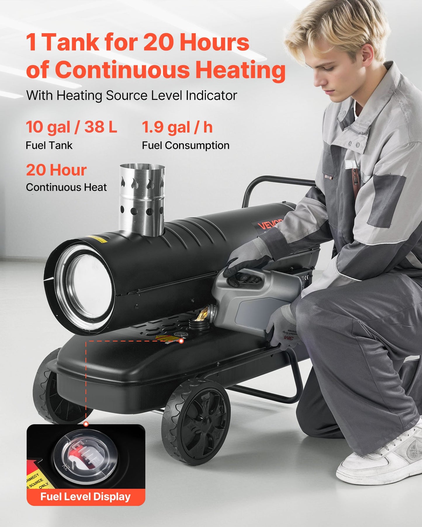 20 kW varmluftsdriven fotogendieselvärmare, bärbar torpedvärmare med hjul och justerbar temperatur, fläkttyp för arbetsplats/garage/lager/verkstad/bygg/utomhusvärme, svart