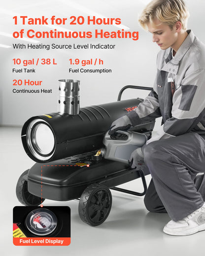 20 kW varmluftsdriven fotogendieselvärmare, bärbar torpedvärmare med hjul och justerbar temperatur, fläkttyp för arbetsplats/garage/lager/verkstad/bygg/utomhusvärme, svart