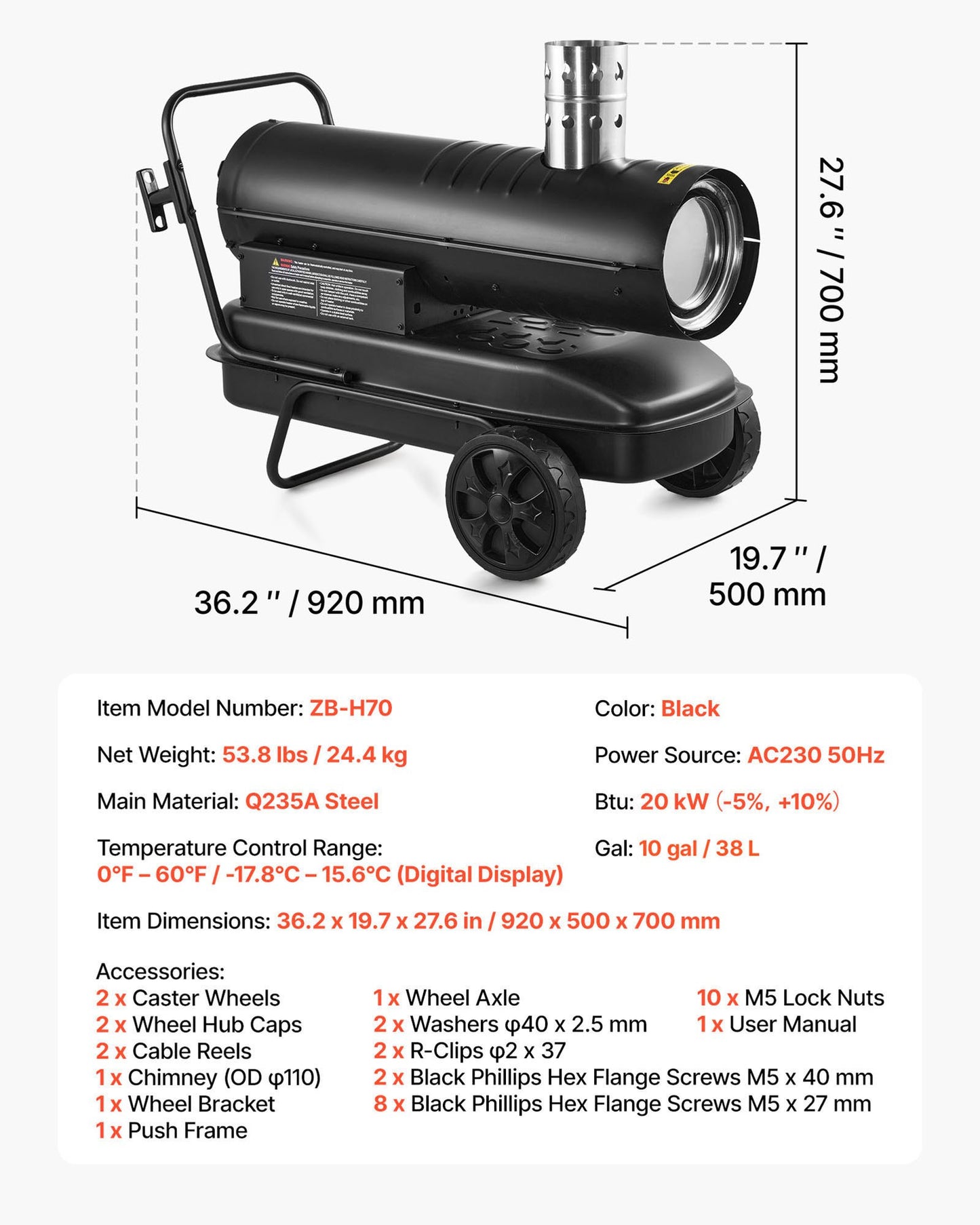 20 kW varmluftsdriven fotogendieselvärmare, bärbar torpedvärmare med hjul och justerbar temperatur, fläkttyp för arbetsplats/garage/lager/verkstad/bygg/utomhusvärme, svart