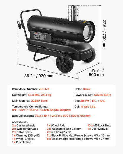 20 kW varmluftsdriven fotogendieselvärmare, bärbar torpedvärmare med hjul och justerbar temperatur, fläkttyp för arbetsplats/garage/lager/verkstad/bygg/utomhusvärme, svart
