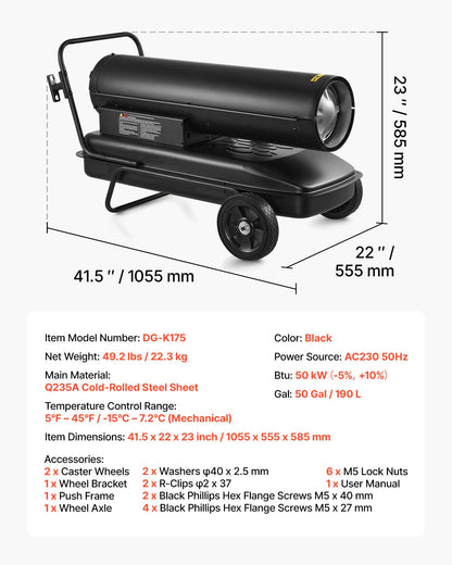 50 kW varmluftsdriven fotogendieselvärmare, bärbar torpedvärmare med hjul och justerbar temperatur, fläkttyp för arbetsplats/garage/lager/verkstad/byggnation/utomhusvärme, svart