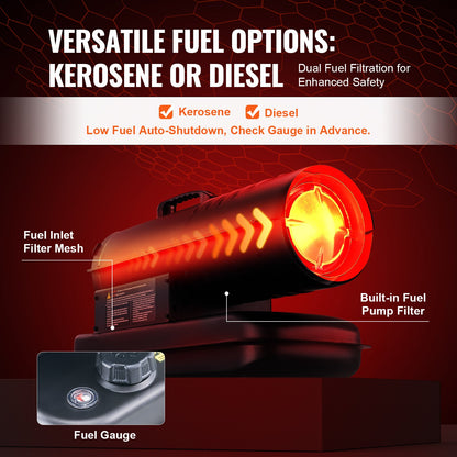 Kerosene/Diesel Forced Air Heater, 70000Btu Torpedo Space Heater, Portable with Thermostat Control,19L Tank Efficient Indoor/Outdoor Kerosene Heater For Home,Jobsite, industrial,Workshops,Black