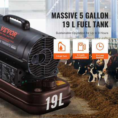 Kerosene/Diesel Forced Air Heater, 70000Btu Torpedo Space Heater, Portable with Thermostat Control,19L Tank Efficient Indoor/Outdoor Kerosene Heater For Home,Jobsite, industrial,Workshops,Black
