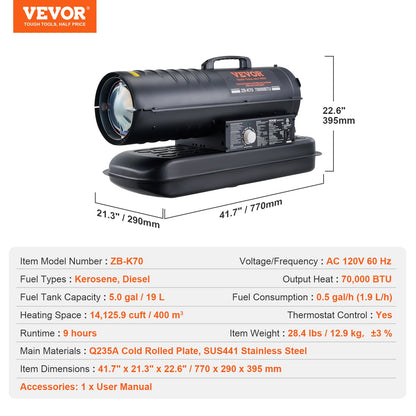 Kerosene/Diesel Forced Air Heater, 70000Btu Torpedo Space Heater, Portable with Thermostat Control,19L Tank Efficient Indoor/Outdoor Kerosene Heater For Home,Jobsite, industrial,Workshops,Black