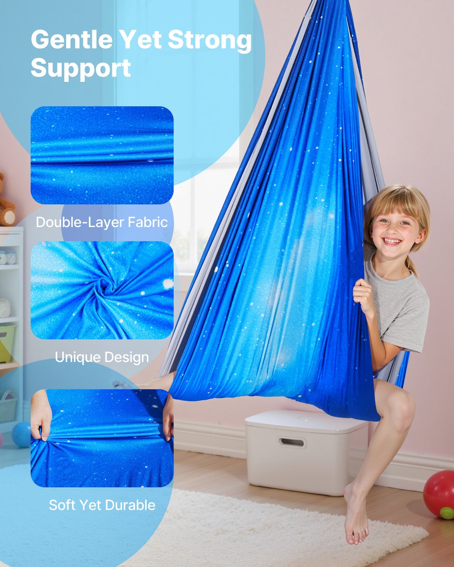 Sensory Swing, Double-Layer Fabric Sensorys Hammock, Indoor & Outdoor Sensory Swing with 360° Swivel Hanger, O-Sling, Holds up to 136.07 kg, Adjustable Aerial Yoga, Hanging Swings for Kids