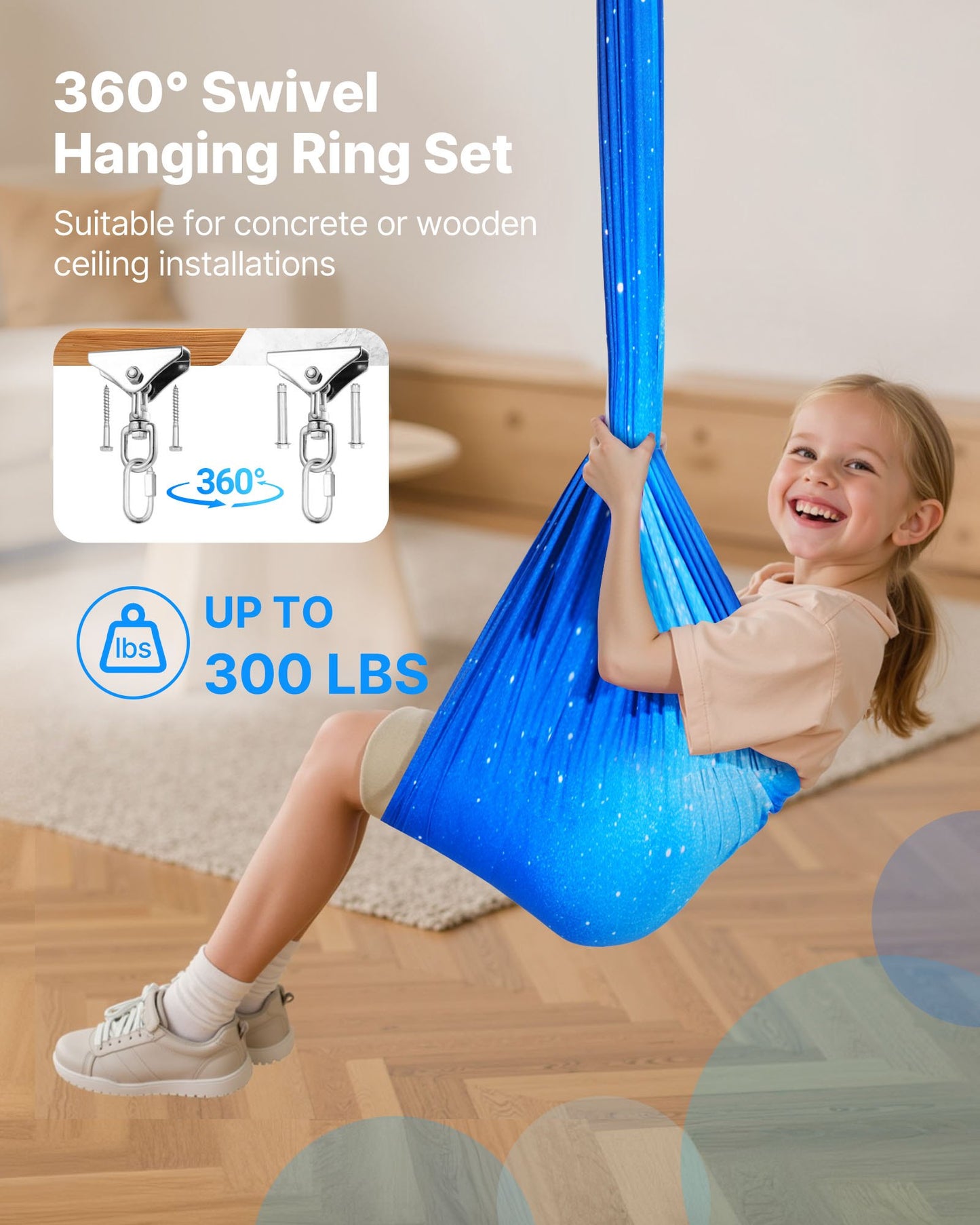 Sensory Swing, Double-Layer Fabric Sensorys Hammock, Indoor & Outdoor Sensory Swing with 360° Swivel Hanger, O-Sling, Holds up to 136.07 kg, Adjustable Aerial Yoga, Hanging Swings for Kids