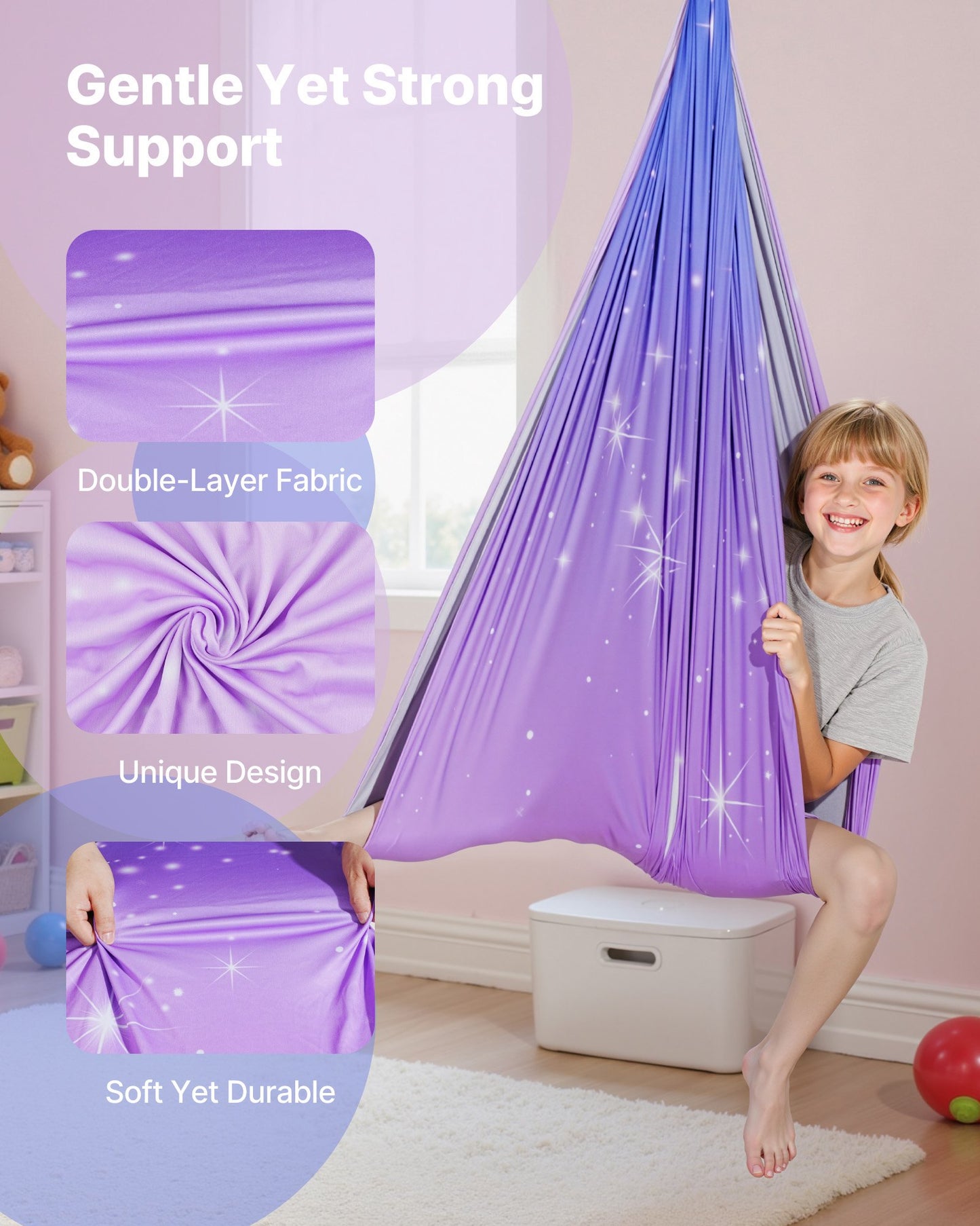 Sensory Swing, Double-Layer Fabric Sensorys Hammock, Indoor & Outdoor Sensory Swing with 360° Swivel Hanger, O-Sling, Holds up to 136.07 kg, Adjustable Aerial Yoga, Ceiling Swings for Kids