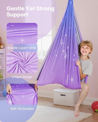 Sensory Swing, Double-Layer Fabric Sensorys Hammock, Indoor & Outdoor Sensory Swing with 360° Swivel Hanger, O-Sling, Holds up to 136.07 kg, Adjustable Aerial Yoga, Ceiling Swings for Kids
