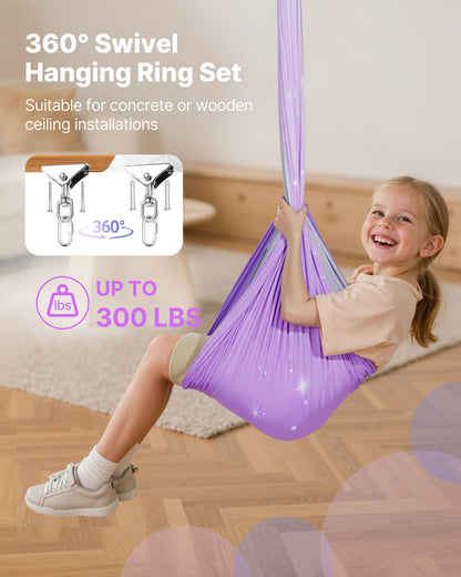 Sensory Swing, Double-Layer Fabric Sensorys Hammock, Indoor & Outdoor Sensory Swing with 360° Swivel Hanger, O-Sling, Holds up to 136.07 kg, Adjustable Aerial Yoga, Ceiling Swings for Kids