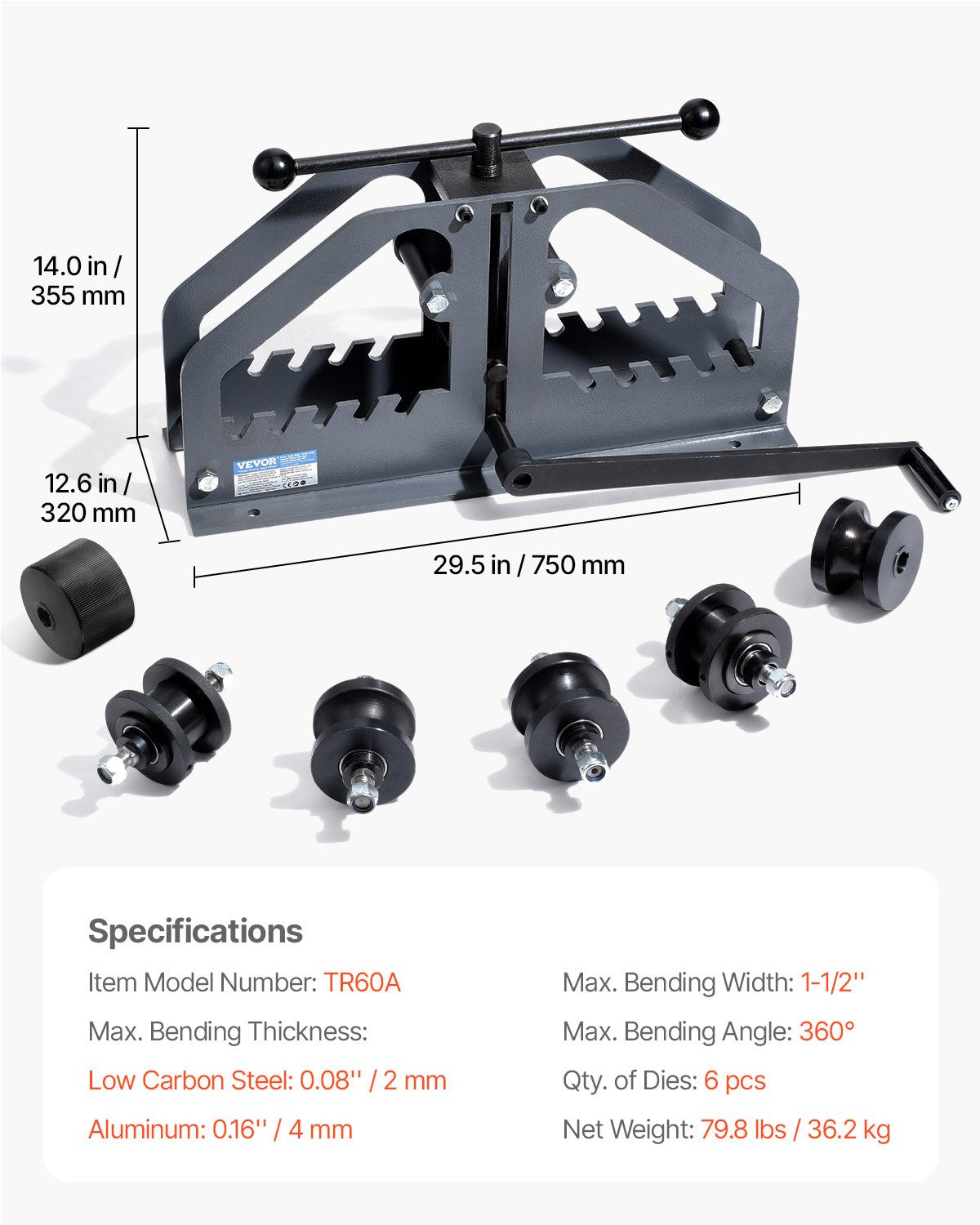 Rörrullbockare, max 1-1/2" manuell rörrullbockare med 6 verktyg, 360° koppar- och aluminiumrörbockningsverktyg för fyrkantiga, runda rör och platt stång, idealisk för HVAC, luftkonditionering och bilreparationer