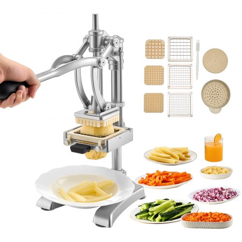 Commercial French Fry Cutter, Stainless Steel Vegetable Fruit Chopper with 3 Replacement Blades 12.7mm 9.5mm 6.4mm, and a Juicing Blade, Manual Potato Slicer Dicer for Restaurants & Home Kitchen