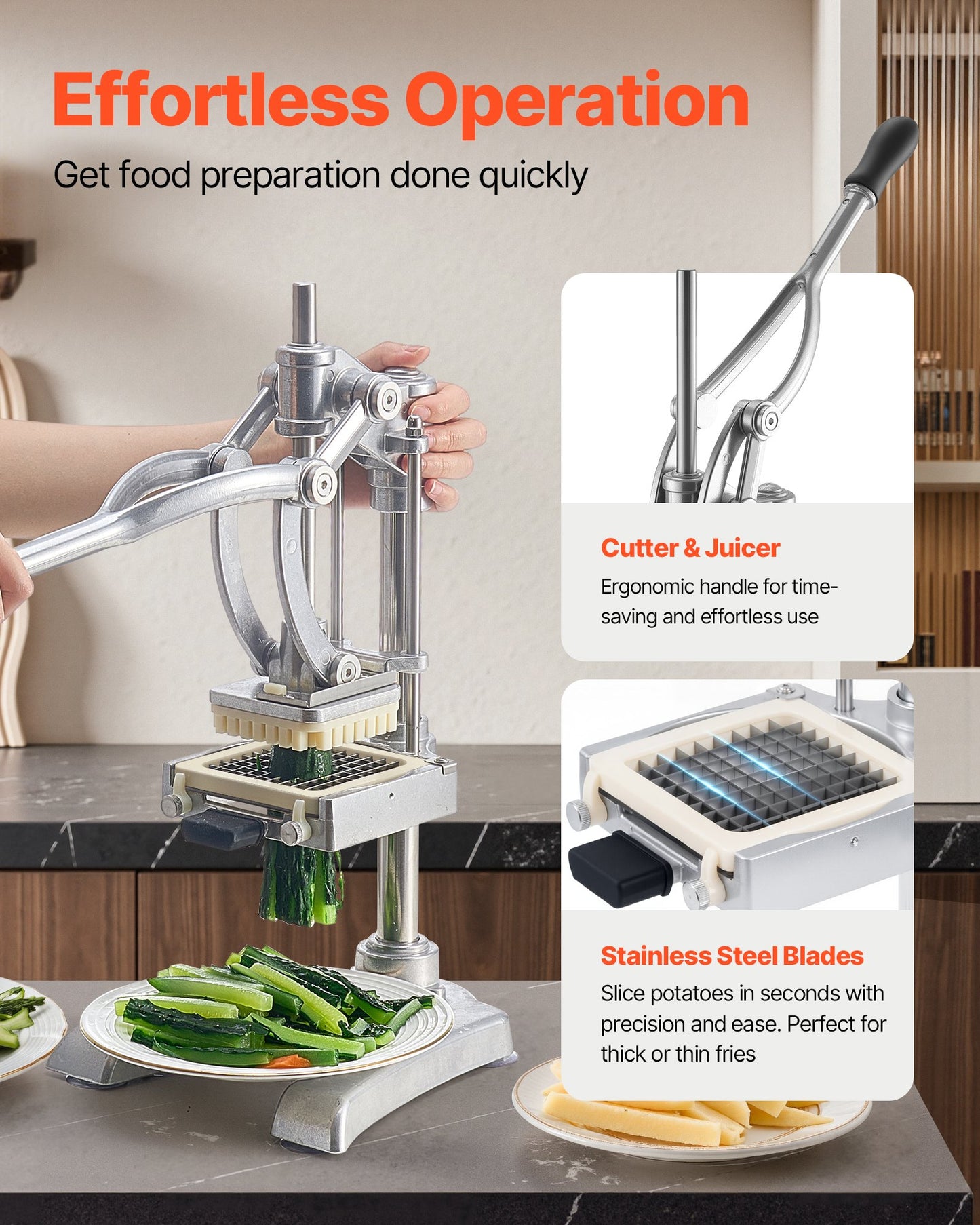 Commercial French Fry Cutter, Stainless Steel Vegetable Fruit Chopper with 3 Replacement Blades 12.7mm 9.5mm 6.4mm, and a Juicing Blade, Manual Potato Slicer Dicer for Restaurants & Home Kitchen