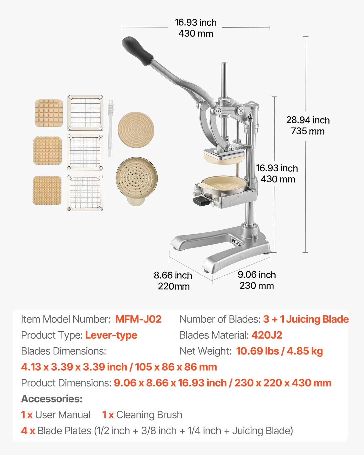 Commercial French Fry Cutter, Stainless Steel Vegetable Fruit Chopper with 3 Replacement Blades 12.7mm 9.5mm 6.4mm, and a Juicing Blade, Manual Potato Slicer Dicer for Restaurants & Home Kitchen