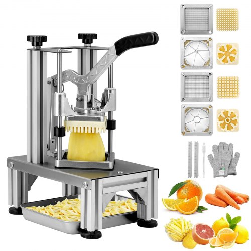 Commercial French Fry Cutter with 4 Replacement Blades, 0.64 cm & 0.95 cm Blade Easy Dicer Chopper, 6-wedge Slicer & 6-wedge Apple Corer, Lemon Potato Cutter for French Fries with Tray and Handle
