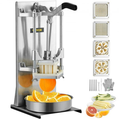 Commercial French Fry Cutter with 4 Replacement Blades, 0.64 cm and 0.95 cm Blade Easy Dicer Chopper, 6-wedge Slicer and 6-wedge Apple Corer, Lemon Potato Cutter for French Fries with Extended Handle