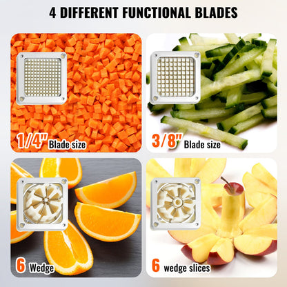Commercial French Fry Cutter with 4 Replacement Blades, 0.64 cm and 0.95 cm Blade Easy Dicer Chopper, 6-wedge Slicer and 6-wedge Apple Corer, Lemon Potato Cutter for French Fries with Extended Handle