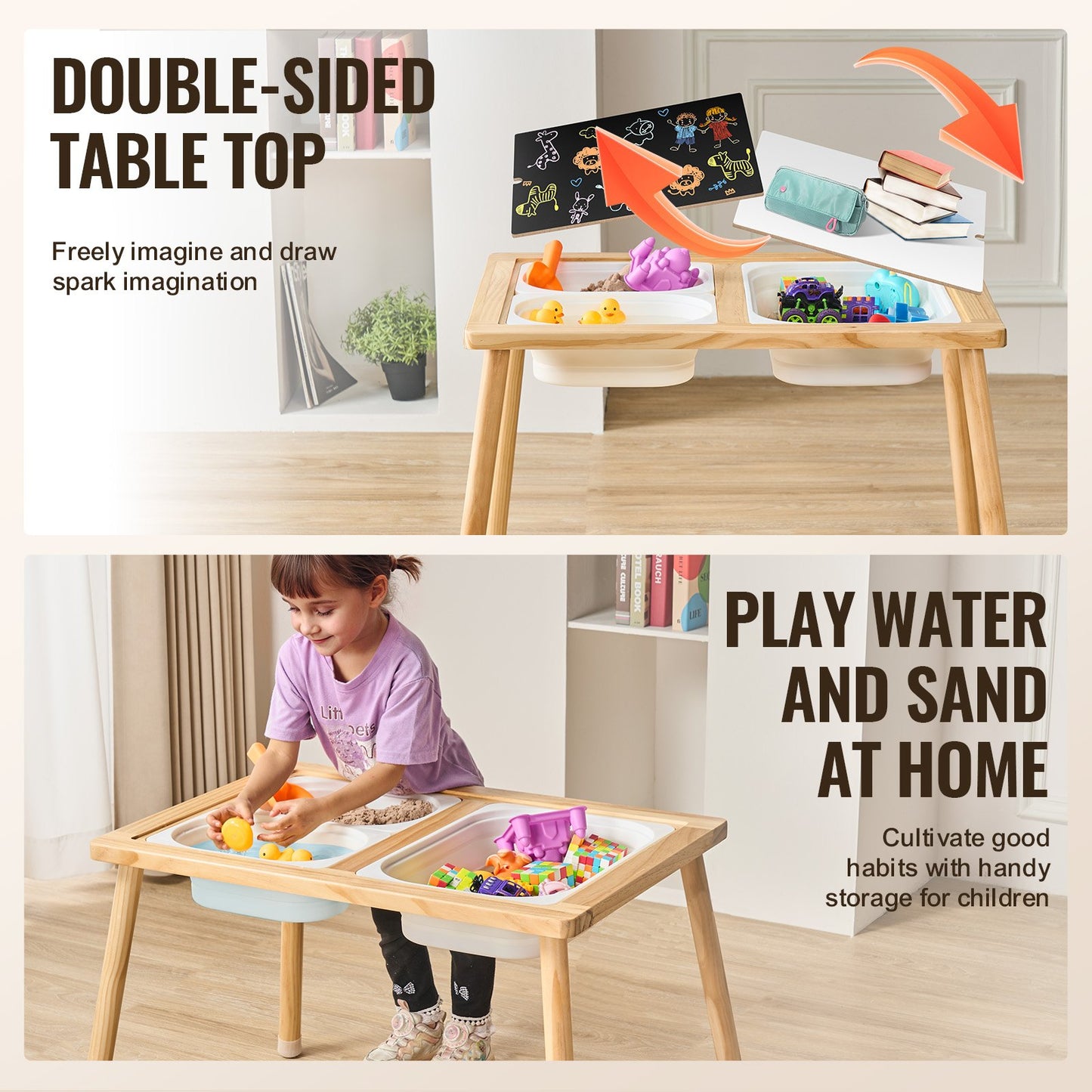 Sensory Table for Toddlers, Kids Activity Table with 3 Foldable Storage Bins & Double-Sided Board, Indoor/Outdoor Play Sand and Water Table, Wooden Kids Sensory Table for Drawing Studying Dining