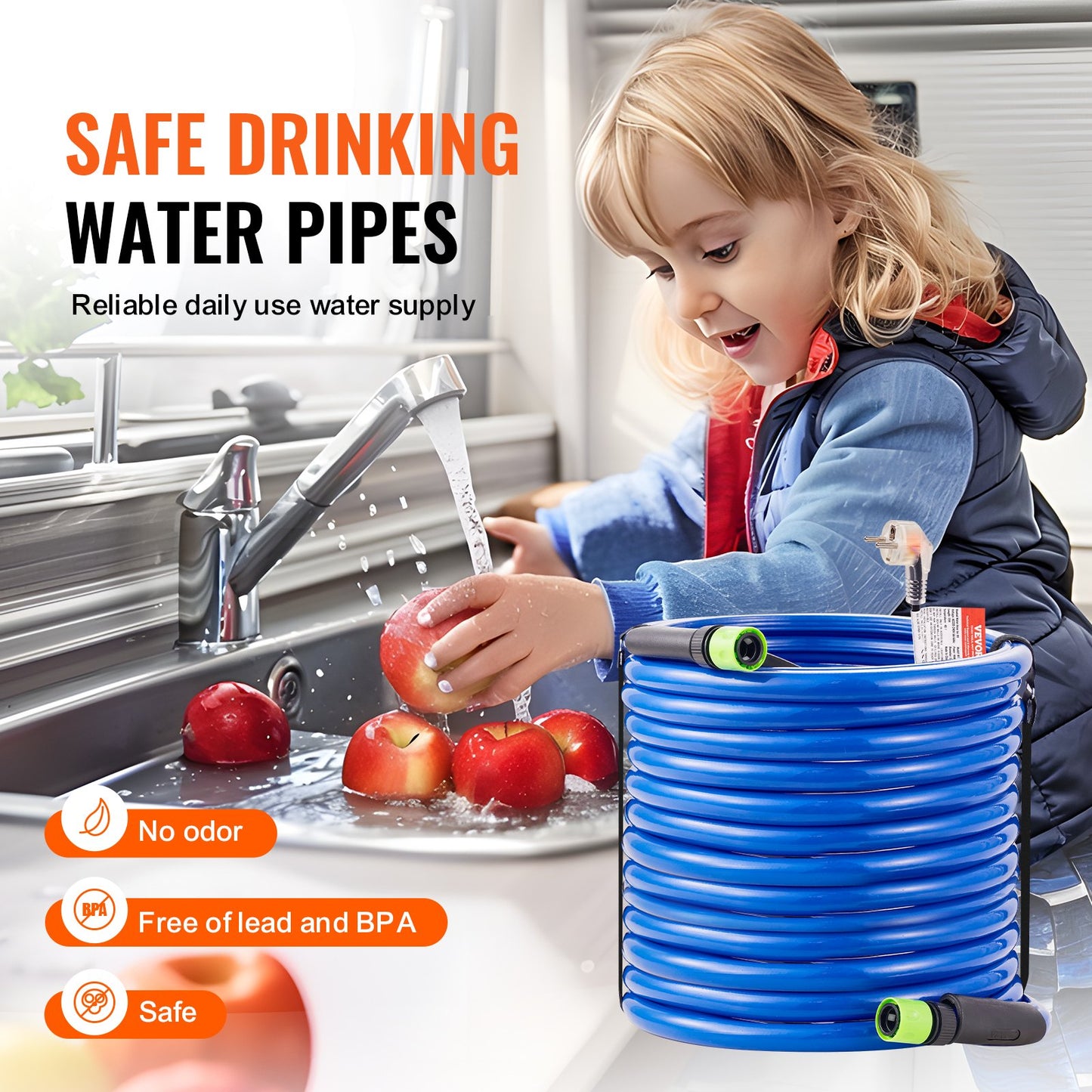 30 m uppvärmd vattenslang för husbil, uppvärmd dricksvattenslang med frostskyddsmedel ner till -45°F, automatisk självreglerande, 5/8" innerdiameter med snabbkopplingssats, bly- och BPA-fri