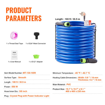 30 m uppvärmd vattenslang för husbil, uppvärmd dricksvattenslang med frostskyddsmedel ner till -45°F, automatisk självreglerande, 5/8" innerdiameter med snabbkopplingssats, bly- och BPA-fri
