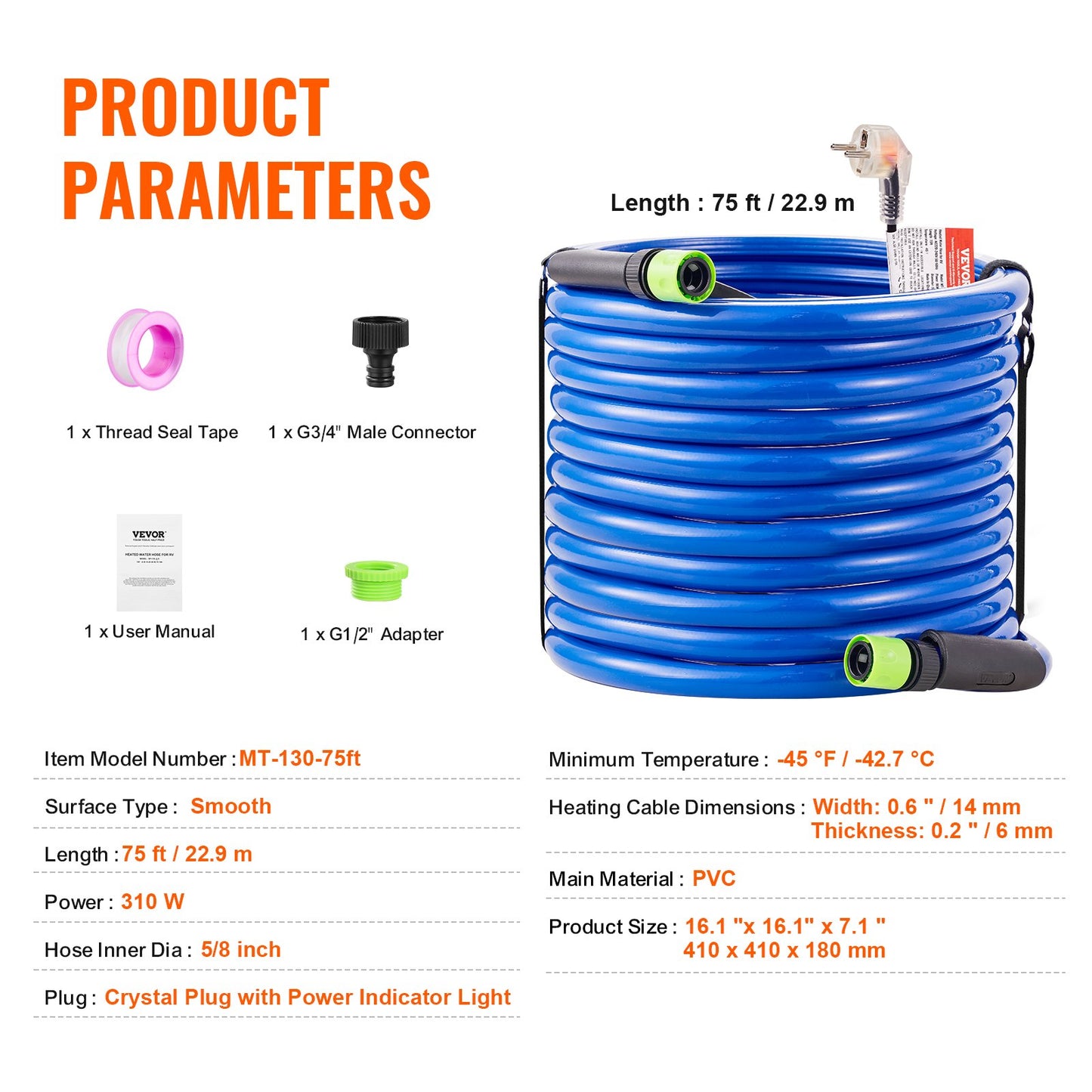 75ft Heated Water Hose for RV, Heated Drinking Water Hose Antifreeze to -45°F, Automatic Self-regulating, 5/8" I.D. with Quick-connect Fitting Set, Lead and BPA Free