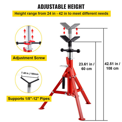 V Head Pipe Stand 1/8"-12" Capacity, Adjustable Height 610mm-1067mm, Pipe Jack Stands 1134kg Load Capacity, Portable Folding Pipe Stands, Carbon Steel Body for Enhanced Durability