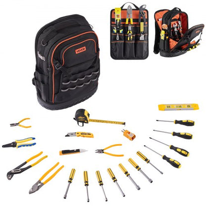 Tool Backpack with Tools, 65 Pockets, Heavy-duty Tools Storage Organizer Bags with Laptop Compartment & Molded Base, Electrician Jobsite Backpack for Electrician, Repairman, and HVAC Techs
