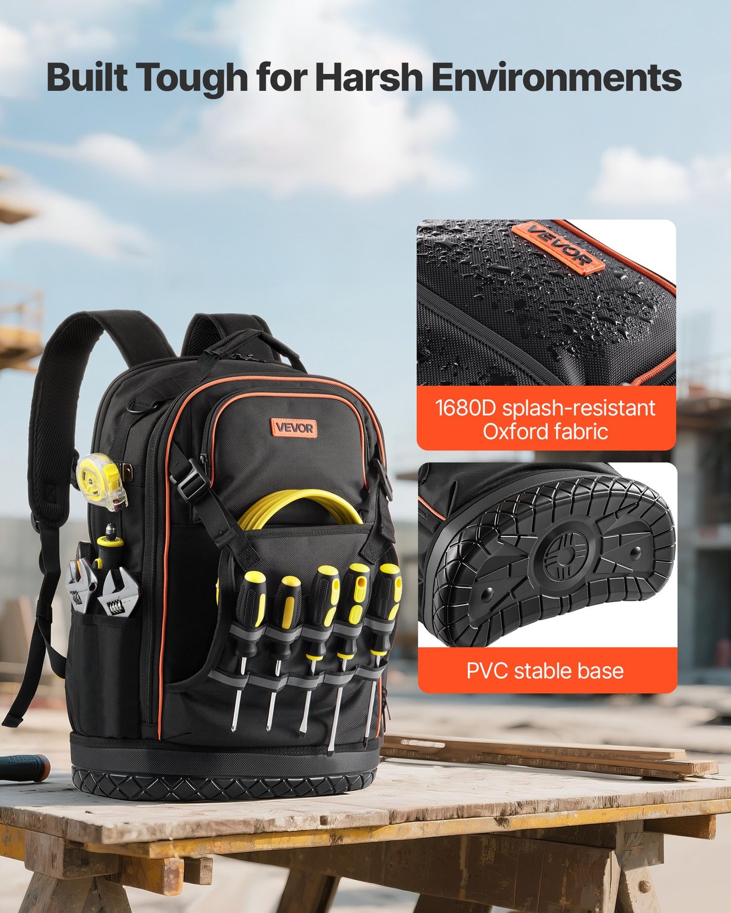 Tool Backpack with Tools, 65 Pockets, Heavy-duty Tools Storage Organizer Bags with Laptop Compartment & Molded Base, Electrician Jobsite Backpack for Electrician, Repairman, and HVAC Techs