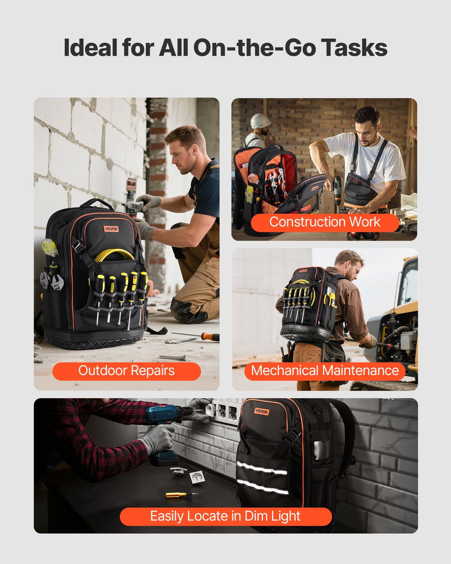 Tool Backpack with Tools, 65 Pockets, Heavy-duty Tools Storage Organizer Bags with Laptop Compartment & Molded Base, Electrician Jobsite Backpack for Electrician, Repairman, and HVAC Techs