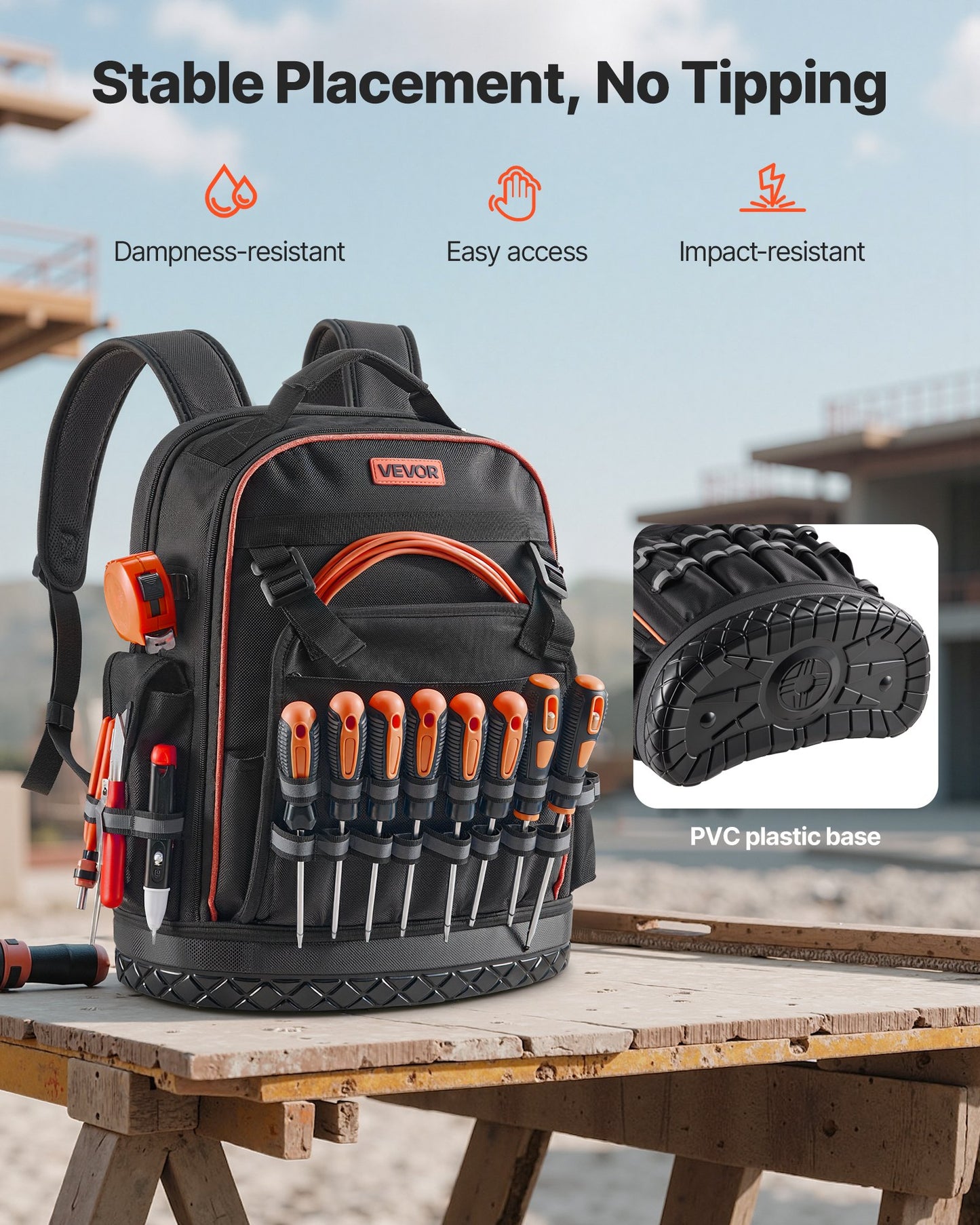 Tool Backpack, 64 Pockets, Heavy-duty Tools Storage Organizer Work Bags with Laptop Compartment & Molded Base, Electrician Jobsite Backpack for Electrician, Repairman, and HVAC Techs