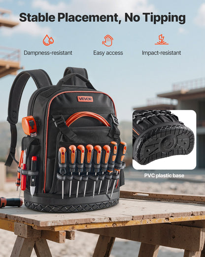 Tool Backpack, 64 Pockets, Heavy-duty Tools Storage Organizer Work Bags with Laptop Compartment & Molded Base, Electrician Jobsite Backpack for Electrician, Repairman, and HVAC Techs