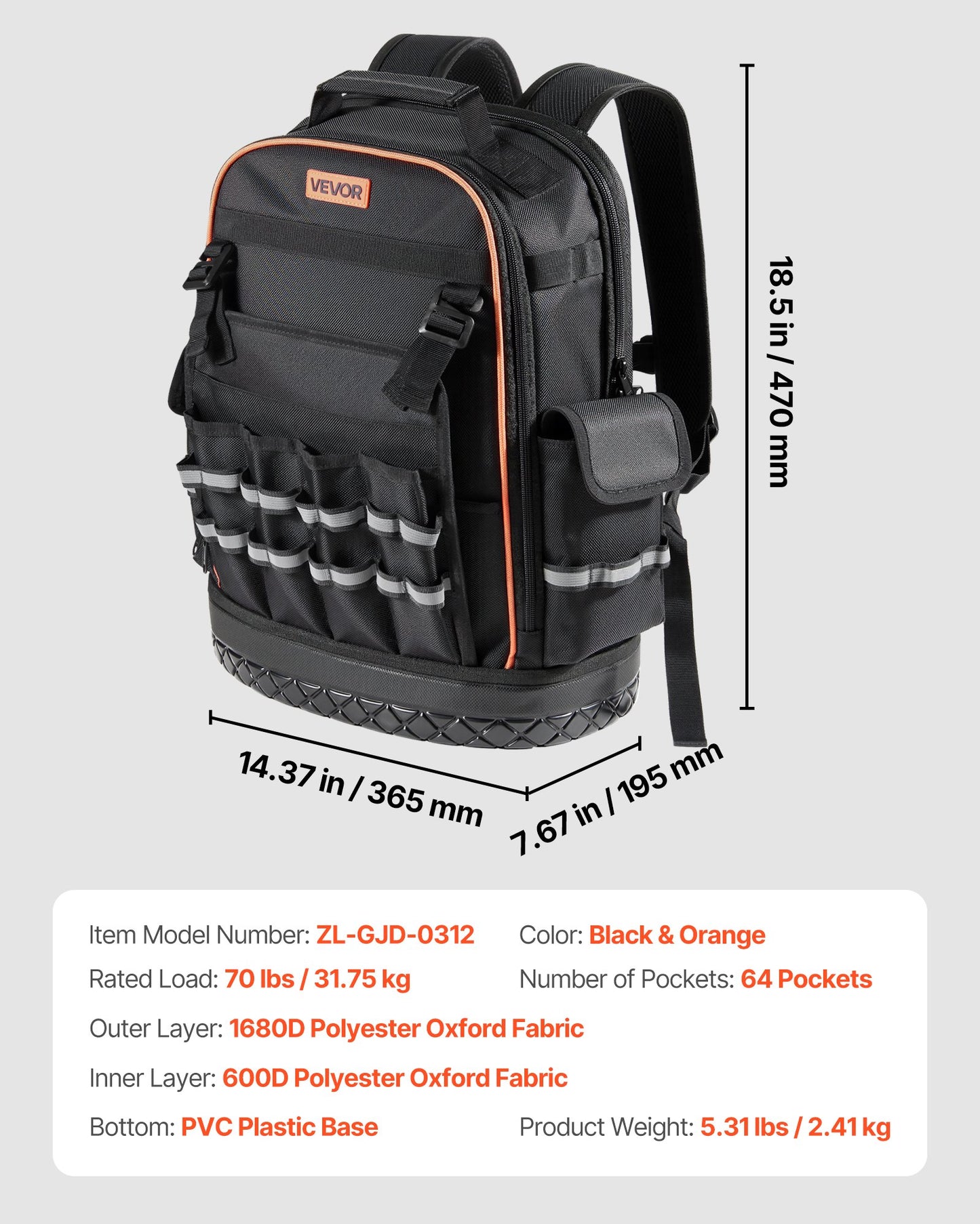 Tool Backpack, 64 Pockets, Heavy-duty Tools Storage Organizer Work Bags with Laptop Compartment & Molded Base, Electrician Jobsite Backpack for Electrician, Repairman, and HVAC Techs