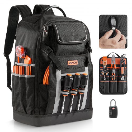 Tool Backpack, 56 Pockets, Heavy-duty Tools Storage Organizer Bags with Molded Base, Electrician Jobsite Backpack for Construction Jobsite, Electrician, Industrial, Repairman, and HVAC Techs