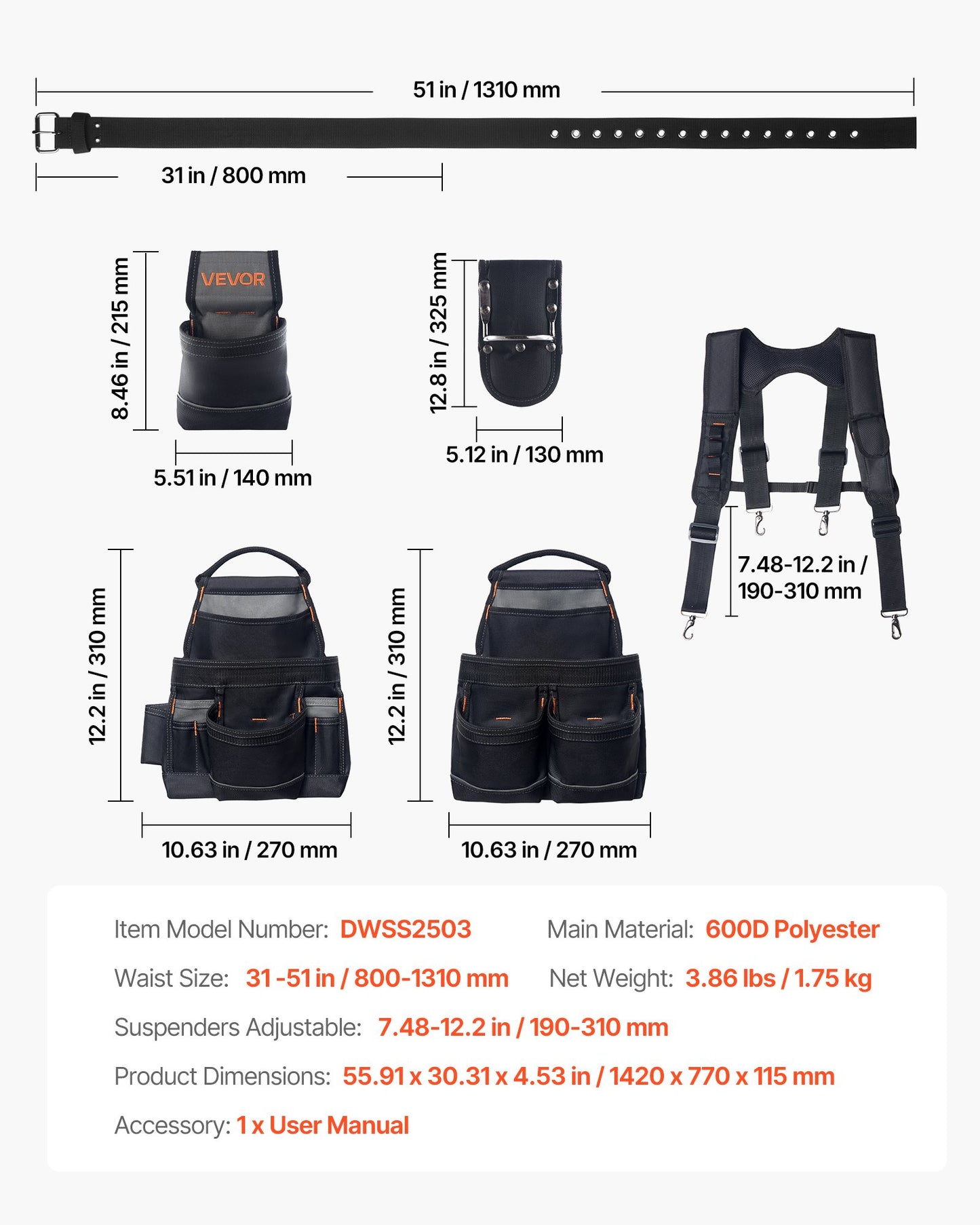 Tool Belt, 19 Pockets Tool Pouch with Suspenders for Men, Heavy Duty Adjustable Utility Belt Work Bag Detachable Suspension Rig for Electrician, Carpenter, Construction, Adjust Waist 80-131 cm