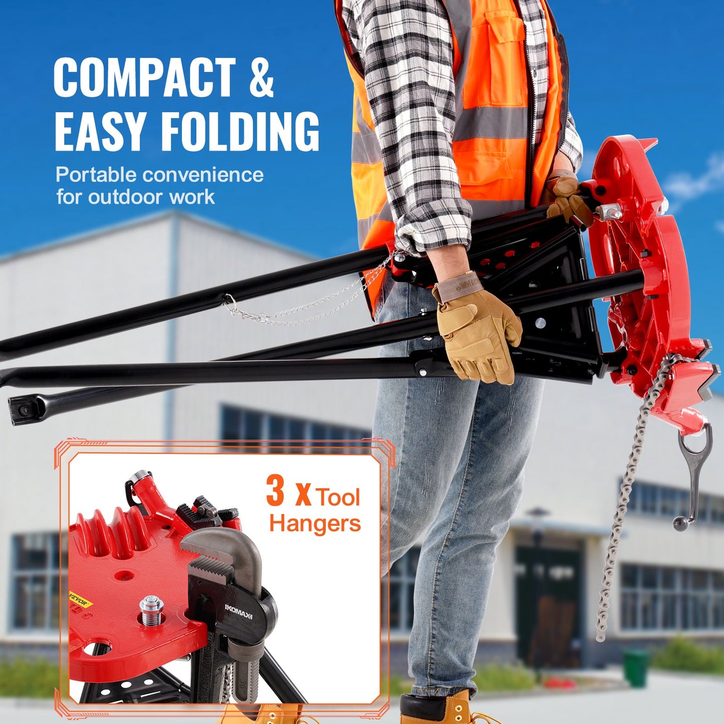 Chain Vise with Tripod Stand | 3.2 to 152 mm Pipe Capacity | 600 kg Loading Capacity | Portable Stand with Folding Legs and Tool Tray | Ideal for Plumbing and Pipe Work