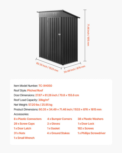1533 x 876 x 1815 mm Trädgårdsskjul i metall, förrådsbyggnad med låsbar dörr och 2 ventilationsgaller, snedtak för utomhusförråd i metall, verktygsskjul, utomhusförvaring för bakgård, trädgård, uteplats