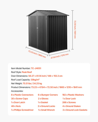 1860 x 1210 x 1841 mm Metal Garden Shed, Outdoor Storage Shed with Lockable Doors & 4 Louver Vents, Peak Roof Metal Sheds Outdoors Storage, Storaged Sheds for Backyard, Garden, Patio