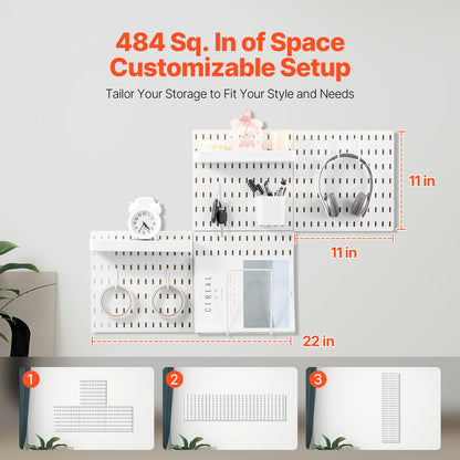 Pegboard Combination Kit, 11" x 11" Plastic Pegboard, 4 Panels, Peg Board Wall Organizer Kit with Accessories, for Garage Tool Storage Kitchen Living Room Craft Room Office Bathroom Home, White