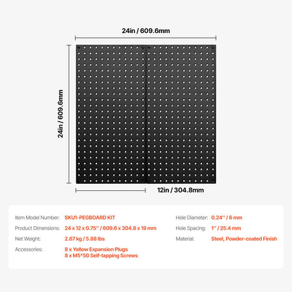 Metal Pegboard Panels, 24" x 12" Pegboard, 2 Panels, Heavy Duty Steel Peg Board Wall Organizer, for Living Room Garage Tool Storage Workbench Office Organization Craft Room Kitchen Home, Black